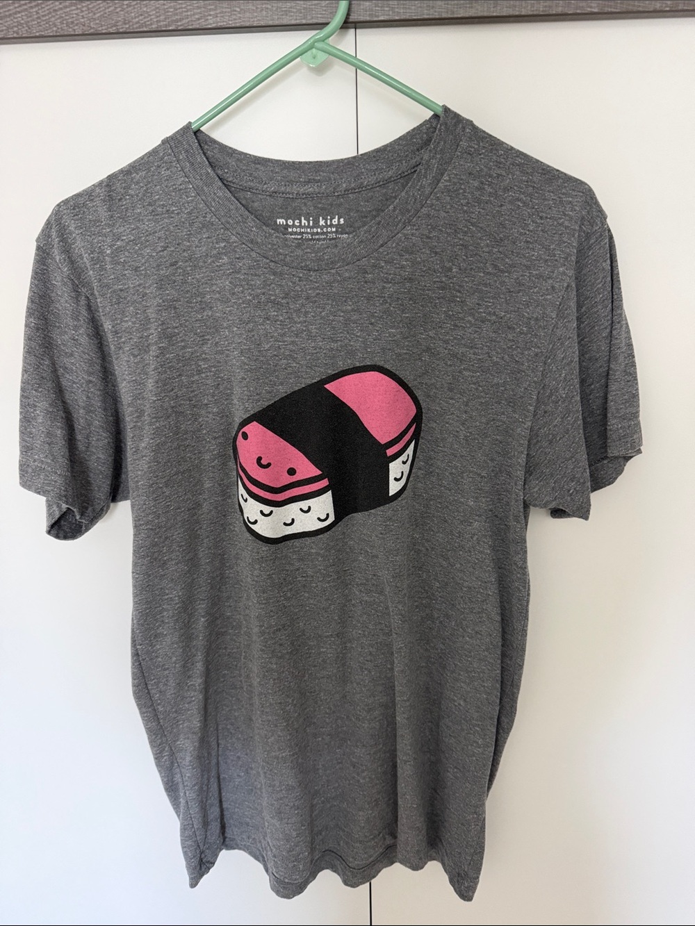 Gray Short Sleeve Tee with spam musubi graphic